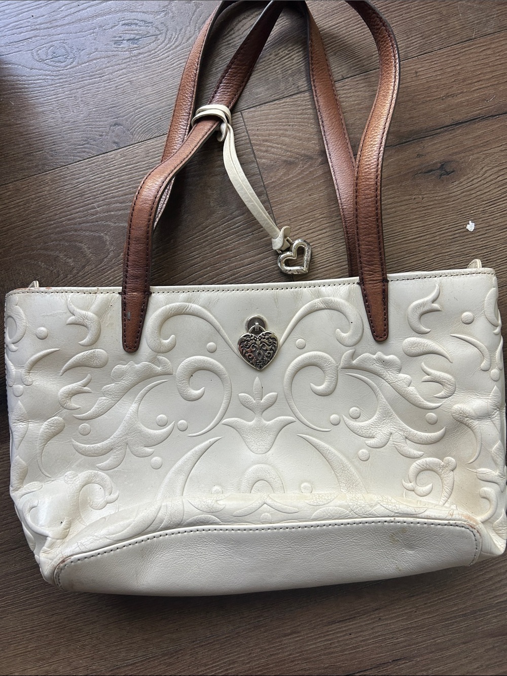 Brighton Cream Embossed Tote with Brown Handles and Heart Charm